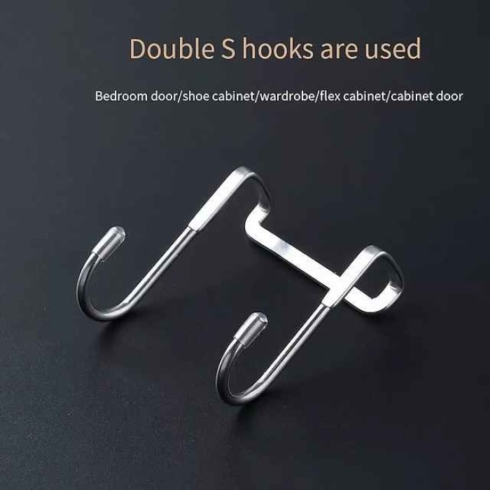 3pcs Stainless Steel Hook Free Punching Double S-Shape Hook Kitchen Bathroom Cabinet Door Back Type Coat Towel Storage Hanger