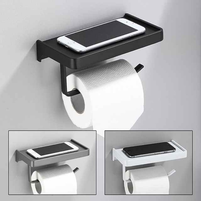 Bathroom Toilet Paper Holder Black Silver Gold Tissue Phone Rack Wall Mounted Space Aluminum WC Shower Paper Holder with Shelf