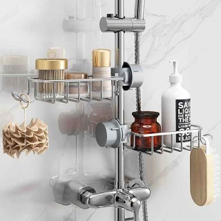 Shower Rack Space Aluminum Bathroom Shower Gel Rack Net Basket Toilet Storage Rack Lifting Shower Bar Tray