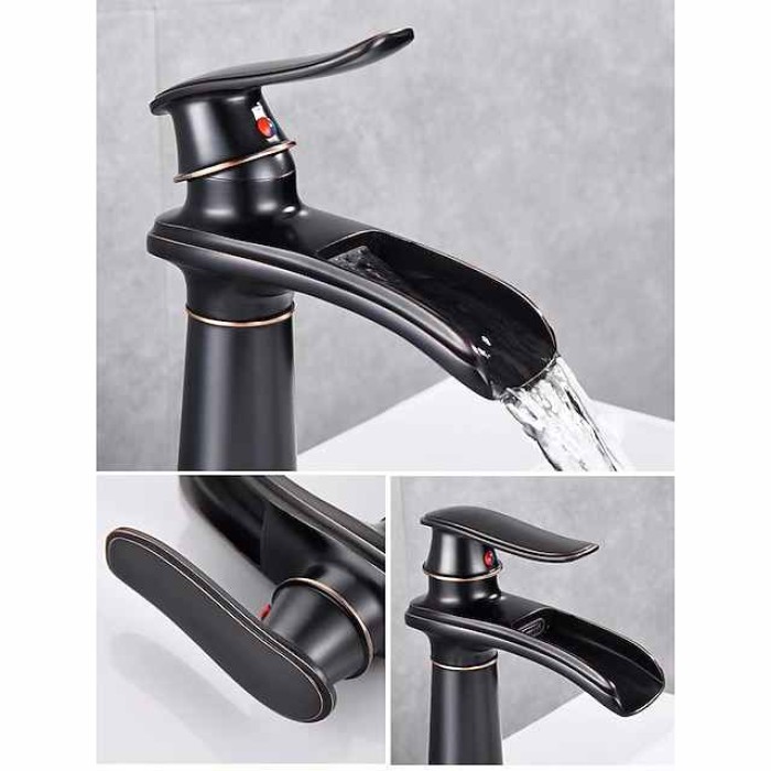 Bathroom Sink Faucet,Brass Waterfall Single Handle Two Holes Bath Taps(Tall or Short Body)