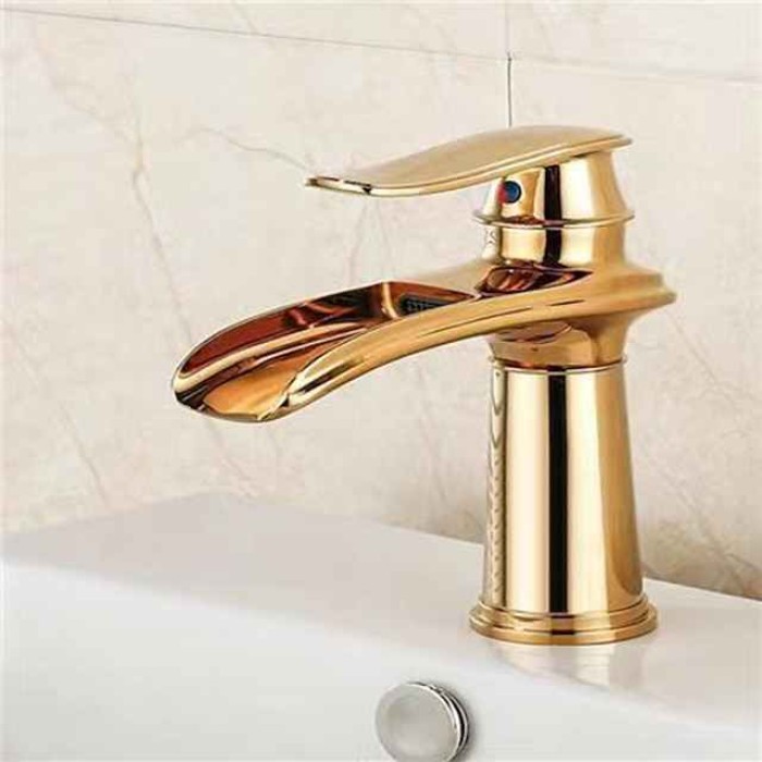 Bathroom Sink Faucet,Brass Waterfall Single Handle Two Holes Bath Taps(Tall or Short Body)