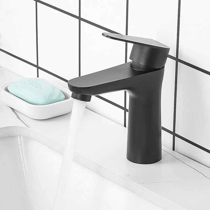 Bathroom Sink Faucet,Stainless Steel Matte Black/Brushed Single Handle One Hole Bath Taps with Hot and Cold Switch