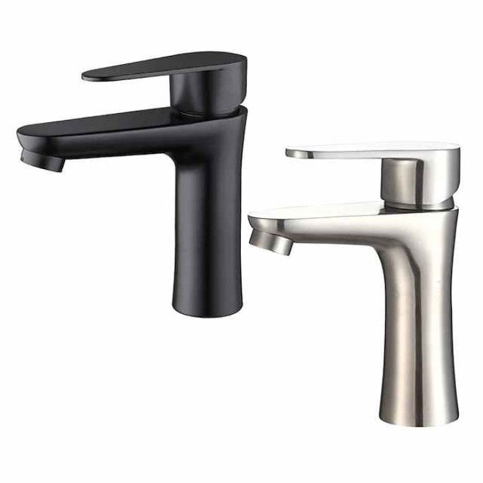 Bathroom Sink Faucet,Stainless Steel Matte Black/Brushed Single Handle One Hole Bath Taps with Hot and Cold Switch