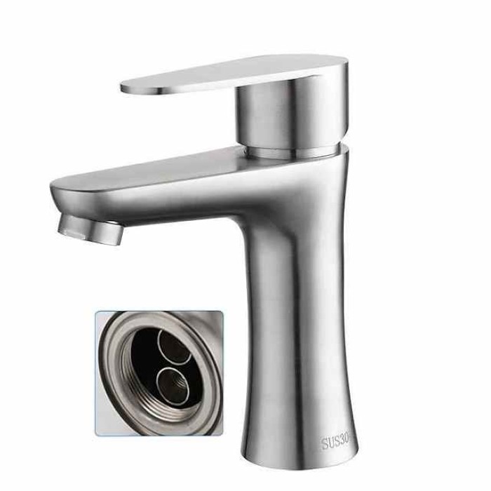 Bathroom Sink Faucet,Stainless Steel Matte Black/Brushed Single Handle One Hole Bath Taps with Hot and Cold Switch