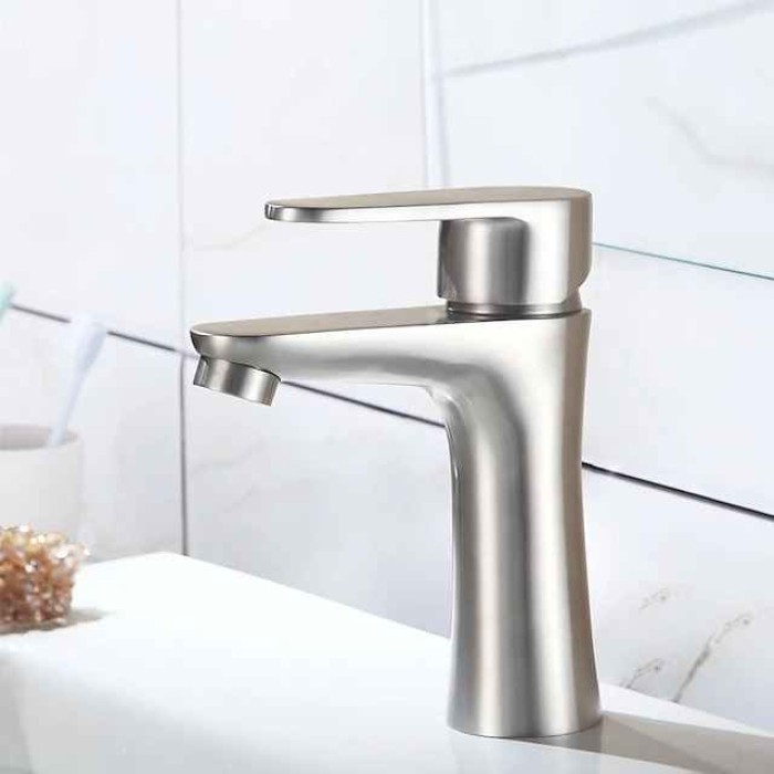 Bathroom Sink Faucet,Stainless Steel Matte Black/Brushed Single Handle One Hole Bath Taps with Hot and Cold Switch