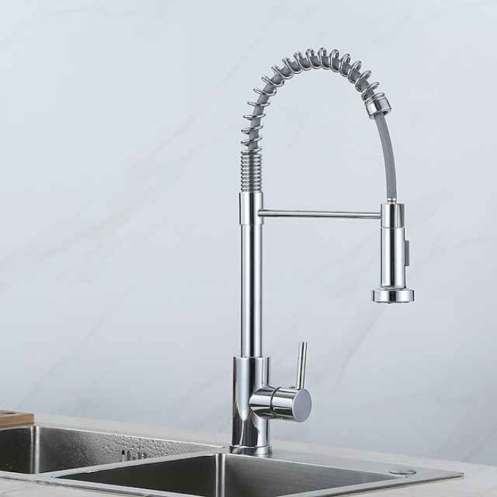 Kitchen Faucets 304 Stainless Steel Single Handle Single Lever Pull Down Sprayer Spring Kitchen Sink Faucet Brushed Nickel