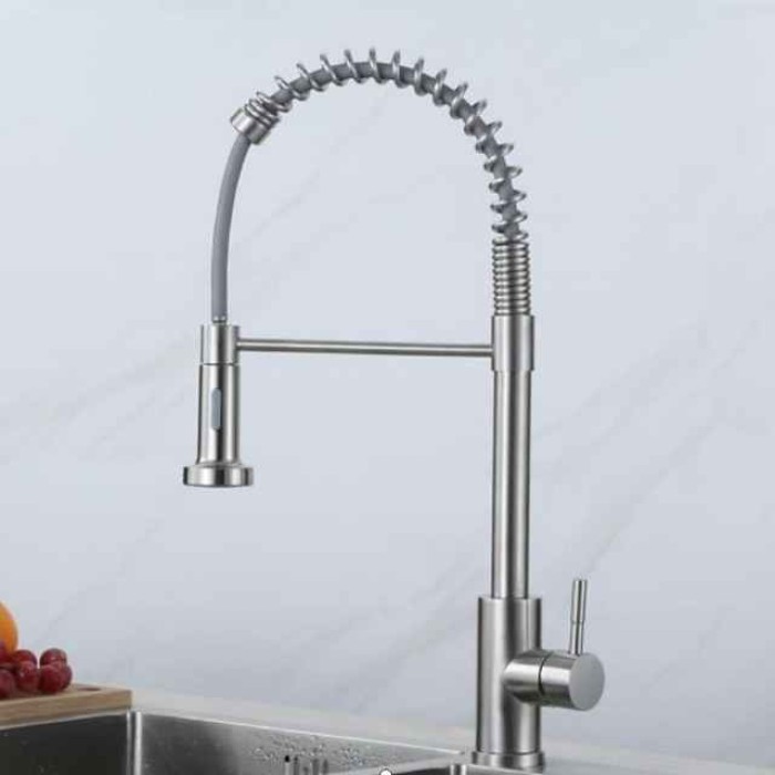 Kitchen Faucets 304 Stainless Steel Single Handle Single Lever Pull Down Sprayer Spring Kitchen Sink Faucet Brushed Nickel