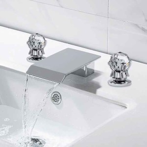 Bathroom Sink Faucet with Two Crystal Knob Handles Waterfall Matte Black/Chrome Deck Mounted Widespread 3 Holes Bathroom Faucets for Bathtub or Sink