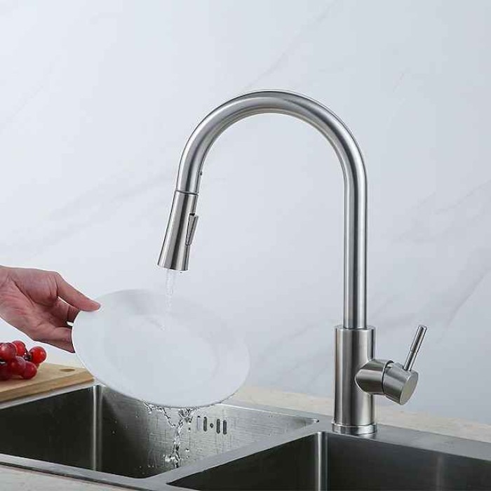 Kitchen Sink Mixer Faucet with Pull-out Spray Stainless Steel, 360 Rotating Single Handle Pull Down Kitchen Vessel Taps Deck Mounted