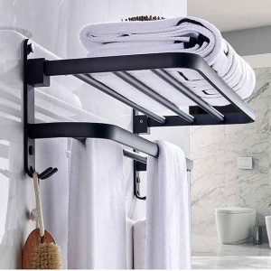 Towel Rack for Bathroom,Matte Black Aluminum  Bathroom Shelf Self-adhesive Foldable Towel Bar with Hook Bathroom Hardware