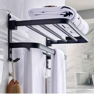 Towel Rack for Bathroom,Matte Black Aluminum  Bathroom Shelf Self-adhesive Foldable Towel Bar with Hook Bathroom Hardware