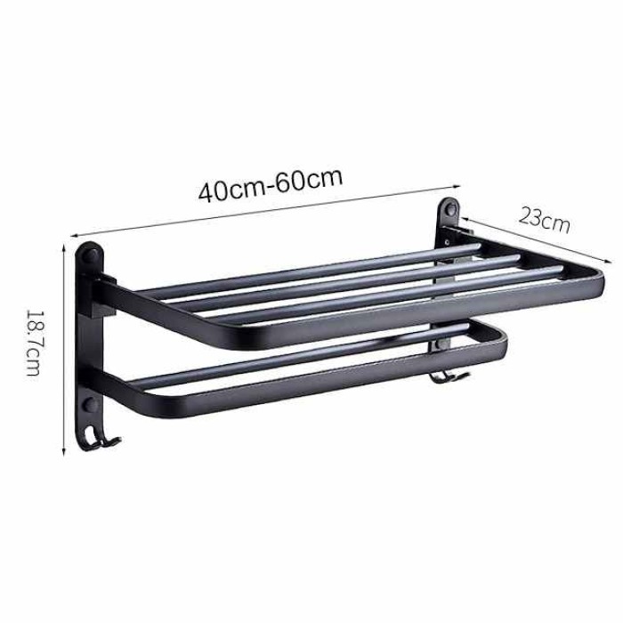 Towel Rack for Bathroom,Matte Black Aluminum  Bathroom Shelf Self-adhesive Foldable Towel Bar with Hook Bathroom Hardware