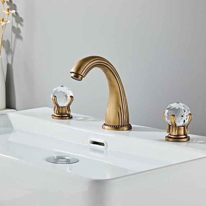 Bathroom Sink Faucet 3 Hole Deck Mounted Widespread Brass Bathroom Faucet Crystal Handle Mixer Tap (Golden/Black/Chrome)