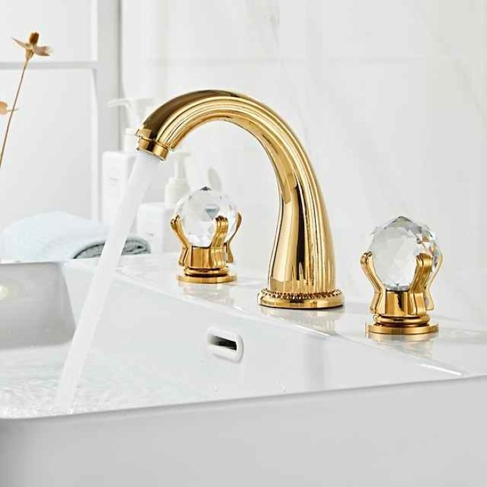 Bathroom Sink Faucet 3 Hole Deck Mounted Widespread Brass Bathroom Faucet Crystal Handle Mixer Tap (Golden/Black/Chrome)