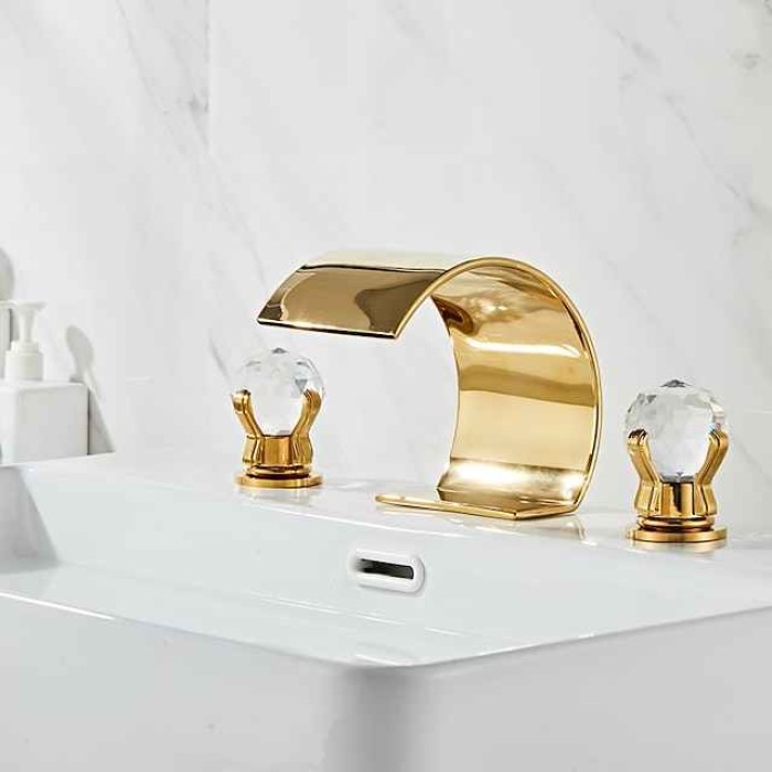 Bathroom Faucet 3 Hole Dual Crystal Knobs Widespread 3 Holes Vanity Basin Mixer Tap Bathtub Filler Faucet Waterfall Faucet for Bathroom(Golden/Black/Chrome)