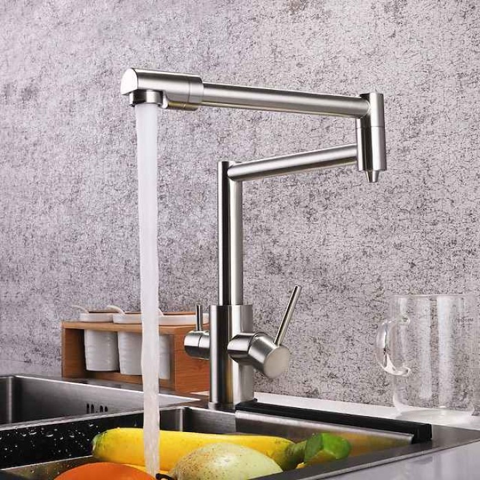 Kitchen Faucet,Foldable Single Handle One Hole Electroplated Pot Filler Centerset Modern Contemporary Kitchen Taps(Black/Brush Nickel)