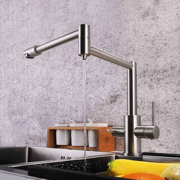 Kitchen Faucet,Foldable Single Handle One Hole Electroplated Pot Filler Centerset Modern Contemporary Kitchen Taps(Black/Brush Nickel)