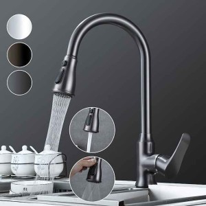 Kitchen Faucet with Pull-out Spray,Single Handle One Hole Brass High Arc 3-Modes Minimalist Style Kitchen Taps(Gun Grey/Black/Chrome)