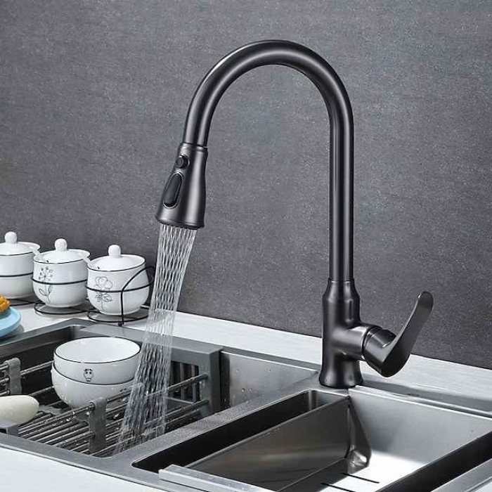 Kitchen Faucet with Pull-out Spray,Single Handle One Hole Brass High Arc 3-Modes Minimalist Style Kitchen Taps(Gun Grey/Black/Chrome)