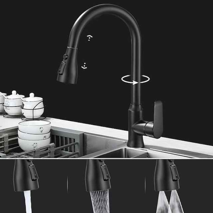 Kitchen Faucet with Pull-out Spray,Single Handle One Hole Brass High Arc 3-Modes Minimalist Style Kitchen Taps(Gun Grey/Black/Chrome)