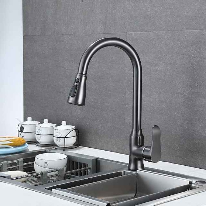 Kitchen Faucet with Pull-out Spray,Single Handle One Hole Brass High Arc 3-Modes Minimalist Style Kitchen Taps(Gun Grey/Black/Chrome)