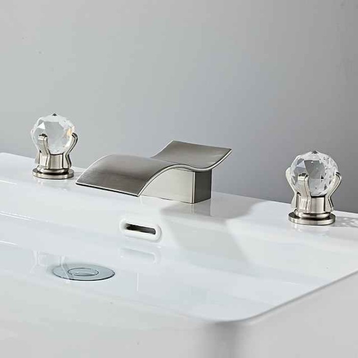 Bathroom Sink Faucet with Two Crystal Knob Handles Waterfall Matte Black/Chrome Deck Mounted Widespread 3 Holes Bathroom Faucets for Bathtub or Sink