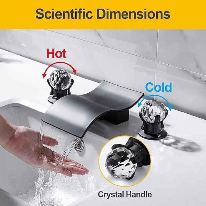 Bathroom Sink Faucet with Two Crystal Knob Handles Waterfall Matte Black/Chrome Deck Mounted Widespread 3 Holes Bathroom Faucets for Bathtub or Sink