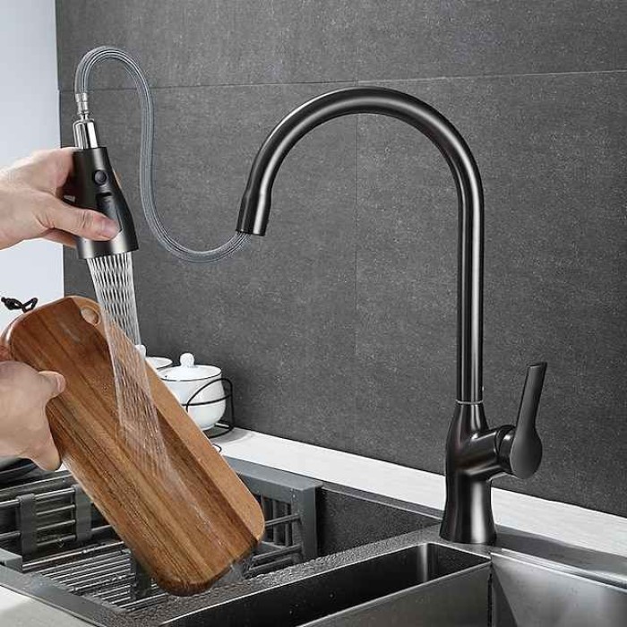 Kitchen Faucet with Pull-out Spray,Single Handle One Hole Rotatable Electroplated Pull-out / Pull-down / Standard Spout / Tall / High Arc Centerset Modern Contemporary Style Kitchen Taps