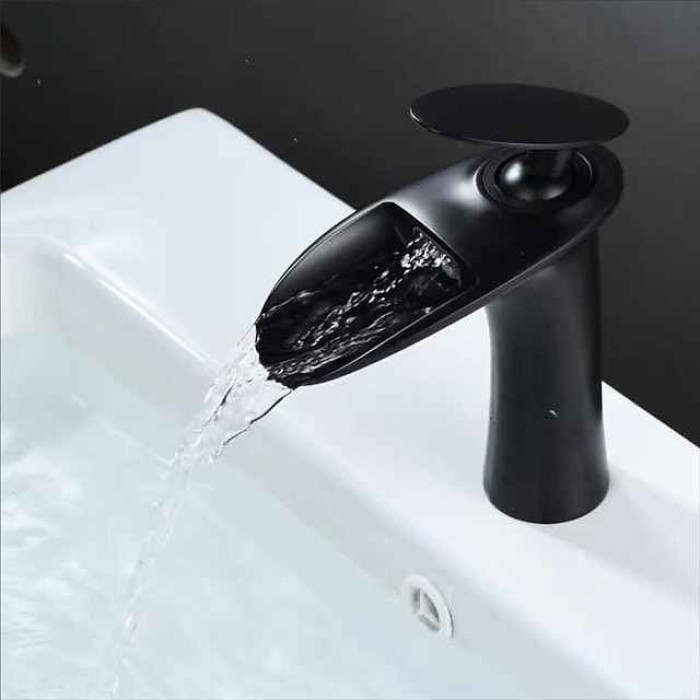 Waterfall Bathroom Sink Mixer Faucet, Mono Wash Basin Single Handle Basin Taps with Hot and Cold Hose Monobloc Vessel Water Brass Tap Deck Mounted