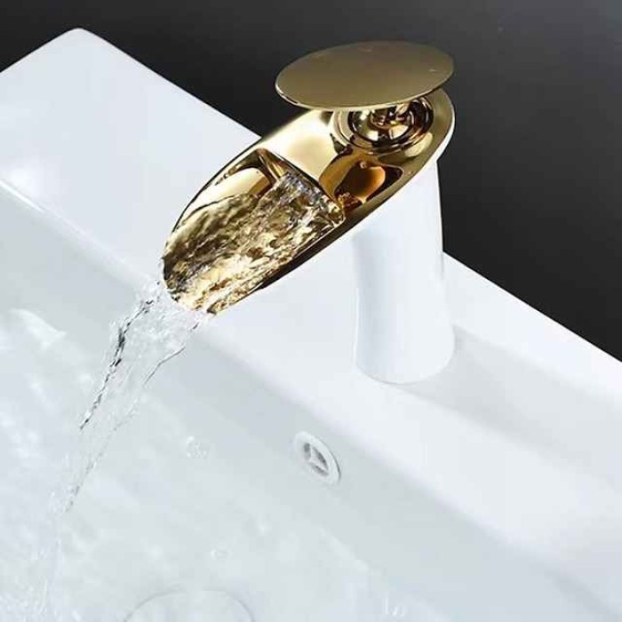 Waterfall Bathroom Sink Mixer Faucet, Mono Wash Basin Single Handle Basin Taps with Hot and Cold Hose Monobloc Vessel Water Brass Tap Deck Mounted