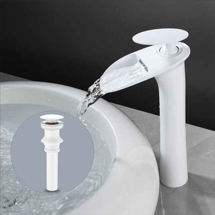 Waterfall Bathroom Sink Mixer Faucet Tall, Mono Wash Basin Single Handle Taps Deck Mounted, Washroom with Hot and Cold Hose Monobloc Vessel Water Brass Tap