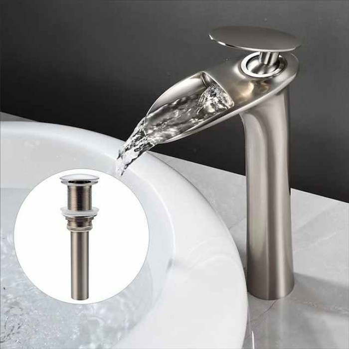 Waterfall Bathroom Sink Mixer Faucet Tall, Mono Wash Basin Single Handle Taps Deck Mounted, Washroom with Hot and Cold Hose Monobloc Vessel Water Brass Tap