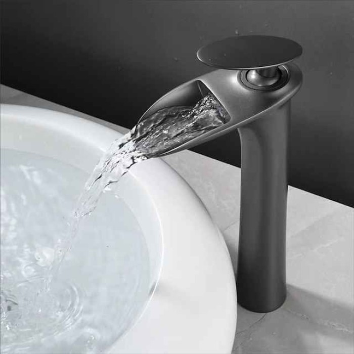 Waterfall Bathroom Sink Mixer Faucet Tall, Mono Wash Basin Single Handle Taps Deck Mounted, Washroom with Hot and Cold Hose Monobloc Vessel Water Brass Tap