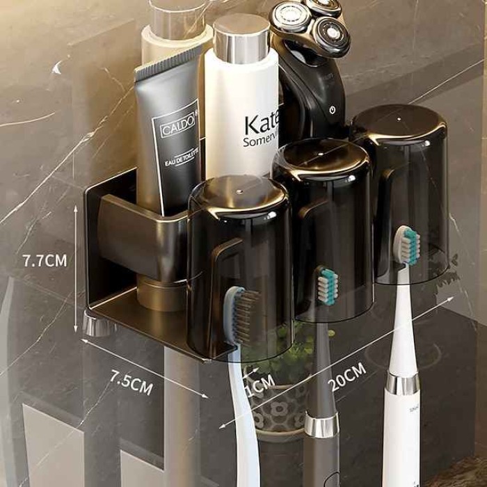 Black Bathroom Toothbrush Tooth Cup Storage Rack Non Perforated Mouthwash Cup Toothbrush Cup Wall Mounted Toothpaste Storage Rack Toothbrush Rack