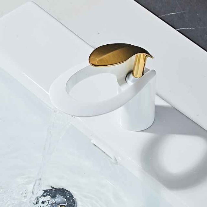 Bathroom Sink Mixer Faucet, Brass Matte Black Waterfall Widespread Single Handle One Hole Vessel Basin Tap with Hot and Cold Switch Chrome White