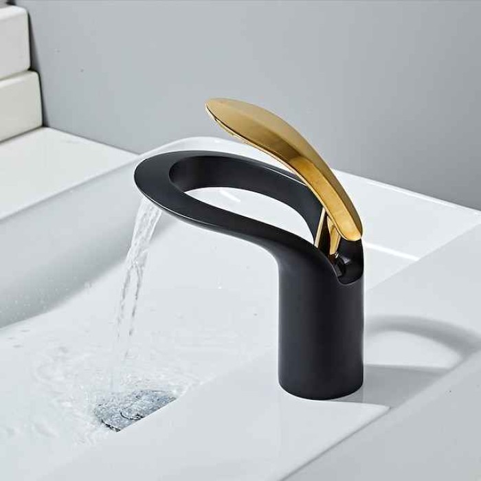 Bathroom Sink Mixer Faucet, Brass Matte Black Waterfall Widespread Single Handle One Hole Vessel Basin Tap with Hot and Cold Switch Chrome White