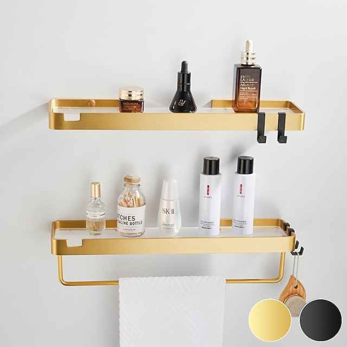 Bathroom Shelves Wall Mounted Golden Storage Organizer Rack Bathroom Kitchen Bathroom Hardware Pendant Bathroom Shelf Space Aluminum Acrylic Shower Rack Corner Shelf Square Bath Shower Shelf(Golden,Black)