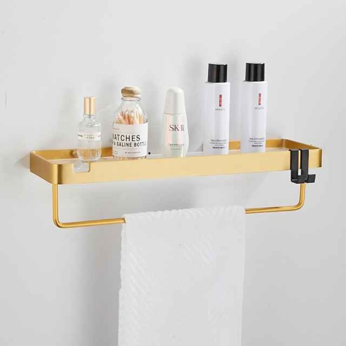 Bathroom Shelves Wall Mounted Golden Storage Organizer Rack Bathroom Kitchen Bathroom Hardware Pendant Bathroom Shelf Space Aluminum Acrylic Shower Rack Corner Shelf Square Bath Shower Shelf(Golden,Black)