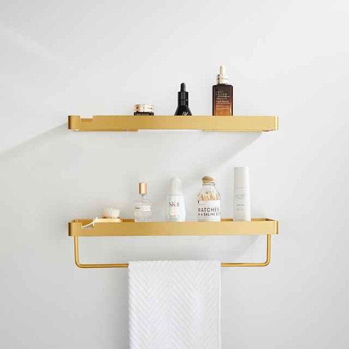 Bathroom Shelves Wall Mounted Golden Storage Organizer Rack Bathroom Kitchen Bathroom Hardware Pendant Bathroom Shelf Space Aluminum Acrylic Shower Rack Corner Shelf Square Bath Shower Shelf(Golden,Black)