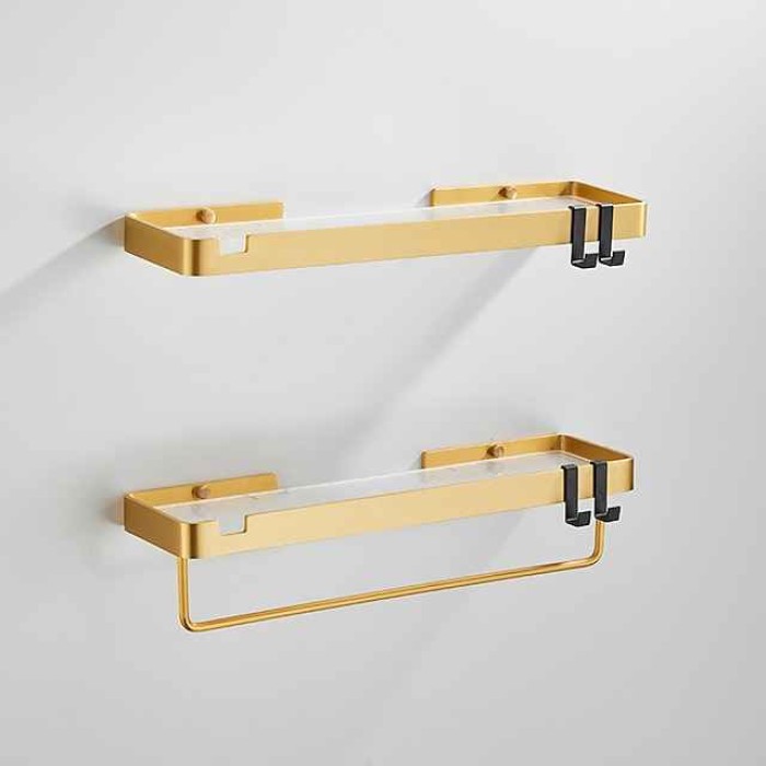 Bathroom Shelves Wall Mounted Golden Storage Organizer Rack Bathroom Kitchen Bathroom Hardware Pendant Bathroom Shelf Space Aluminum Acrylic Shower Rack Corner Shelf Square Bath Shower Shelf(Golden,Black)