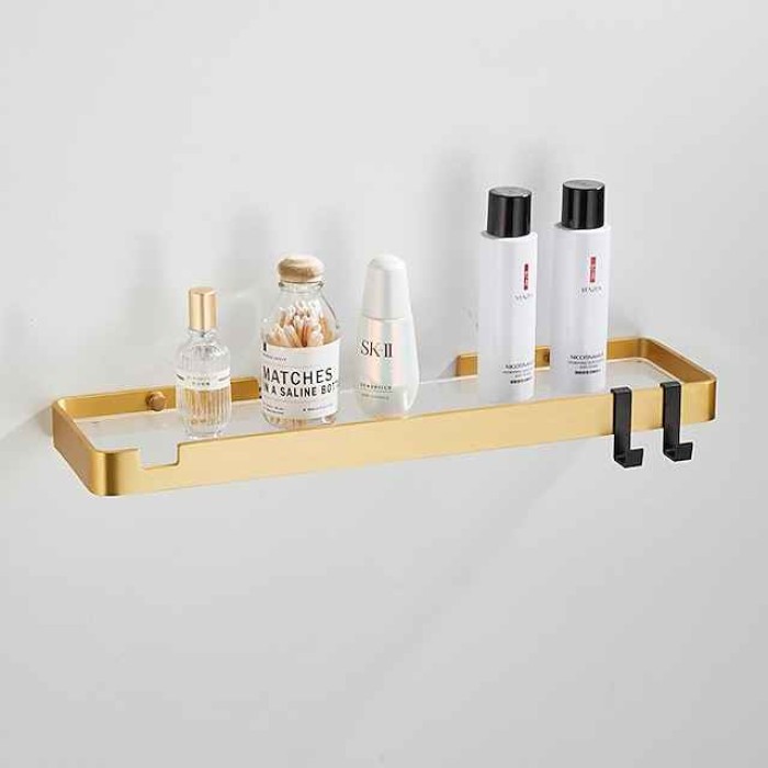 Bathroom Shelves Wall Mounted Golden Storage Organizer Rack Bathroom Kitchen Bathroom Hardware Pendant Bathroom Shelf Space Aluminum Acrylic Shower Rack Corner Shelf Square Bath Shower Shelf(Golden,Black)