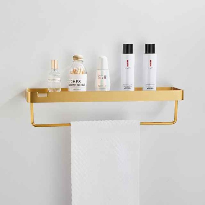 Bathroom Shelves Wall Mounted Golden Storage Organizer Rack Bathroom Kitchen Bathroom Hardware Pendant Bathroom Shelf Space Aluminum Acrylic Shower Rack Corner Shelf Square Bath Shower Shelf(Golden,Black)