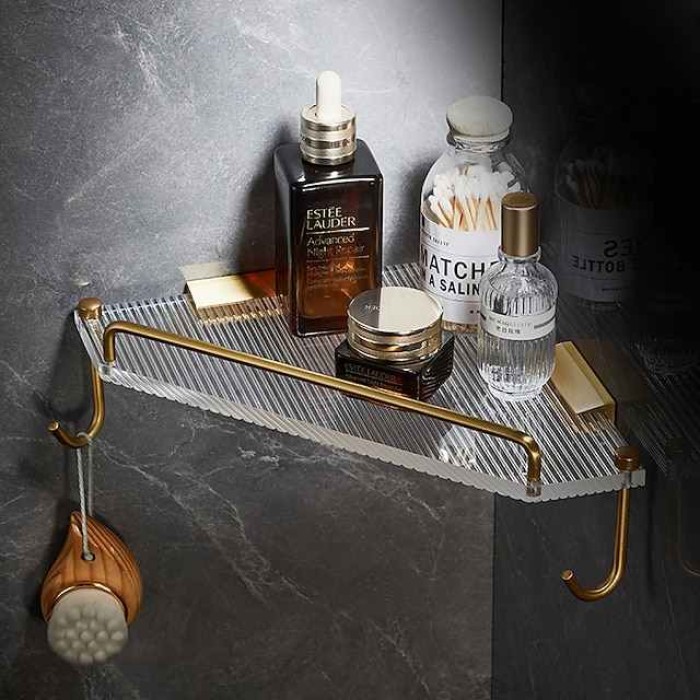 Bathroom Shelf Space Aluminum Acrylic Brushed Black and Golden Wall Mount Triangle Shower Corner Storage Rack Bath Accessories Single Layer