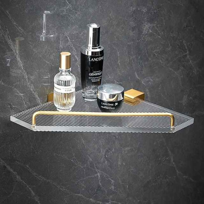 Bathroom Shelf Space Aluminum Acrylic Brushed Black and Golden Wall Mount Triangle Shower Corner Storage Rack Bath Accessories Single Layer