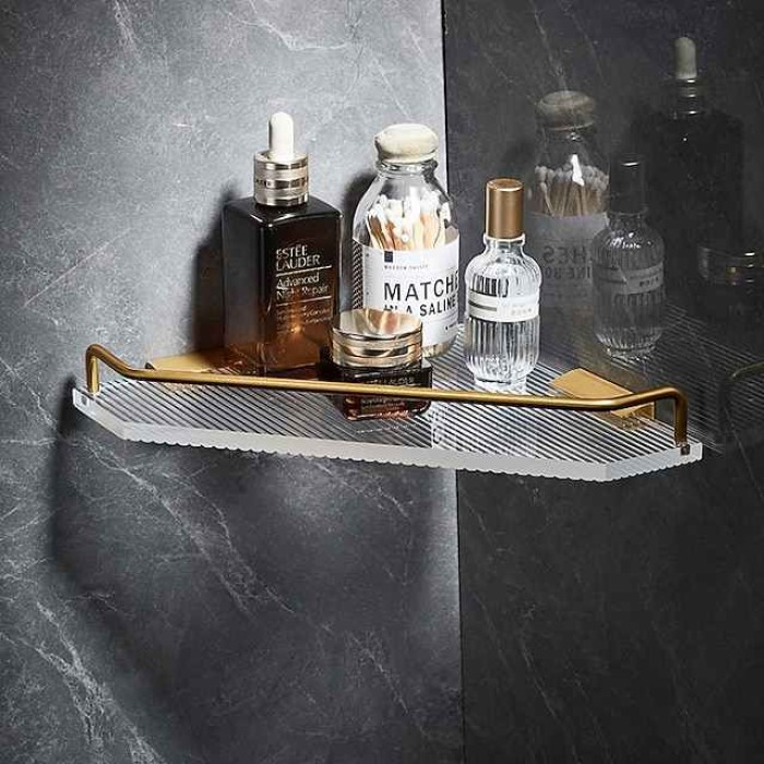 Bathroom Shelf Space Aluminum Acrylic Brushed Black and Golden Wall Mount Triangle Shower Corner Storage Rack Bath Accessories Single Layer