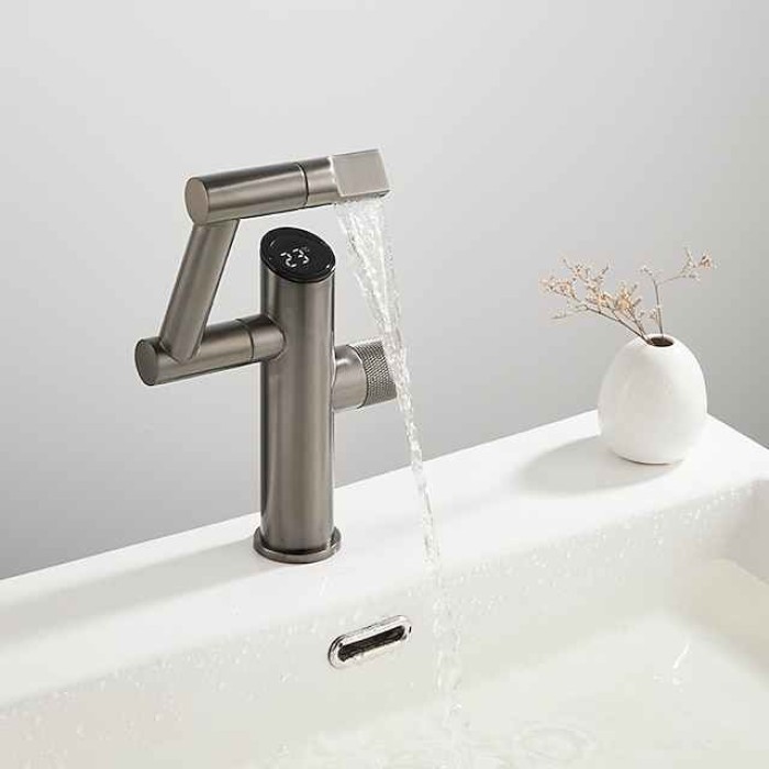 Bathroom Sink Faucet,Digital Display Multifunctional Washbasin Faucet,Brass Single Handle One Hole Rotatable Bath Tap(White/Gun Grey/Black)