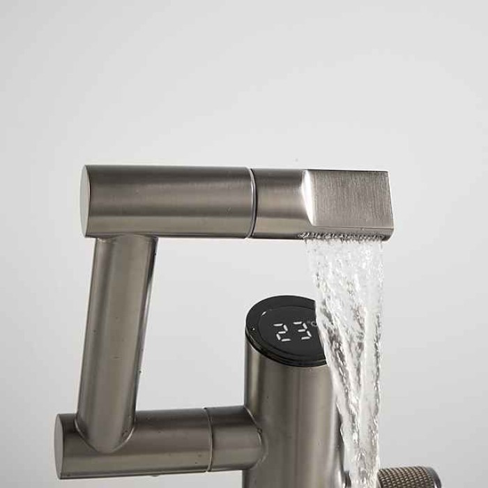 Bathroom Sink Faucet,Digital Display Multifunctional Washbasin Faucet,Brass Single Handle One Hole Rotatable Bath Tap(White/Gun Grey/Black)