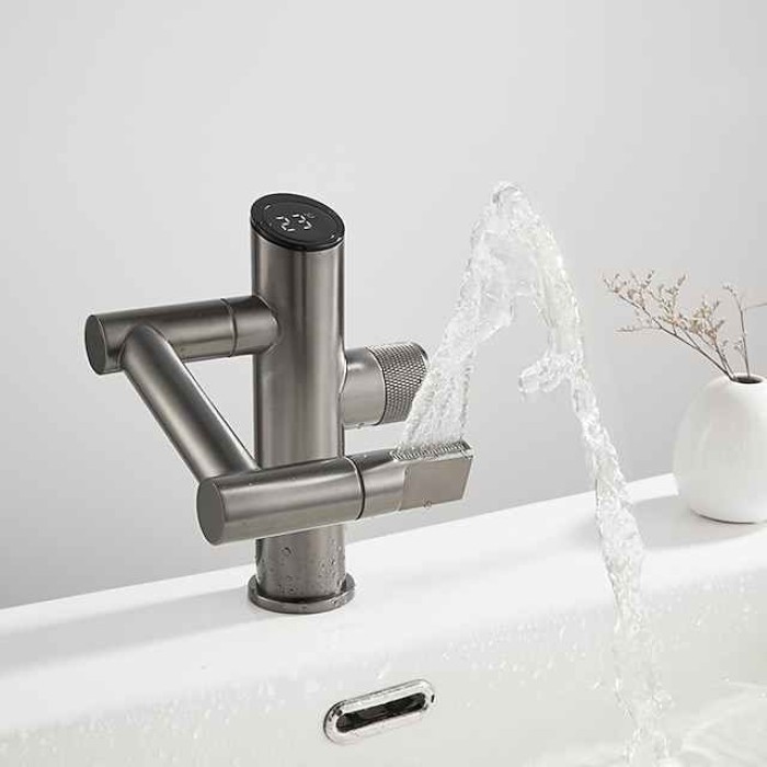 Bathroom Sink Faucet,Digital Display Multifunctional Washbasin Faucet,Brass Single Handle One Hole Rotatable Bath Tap(White/Gun Grey/Black)