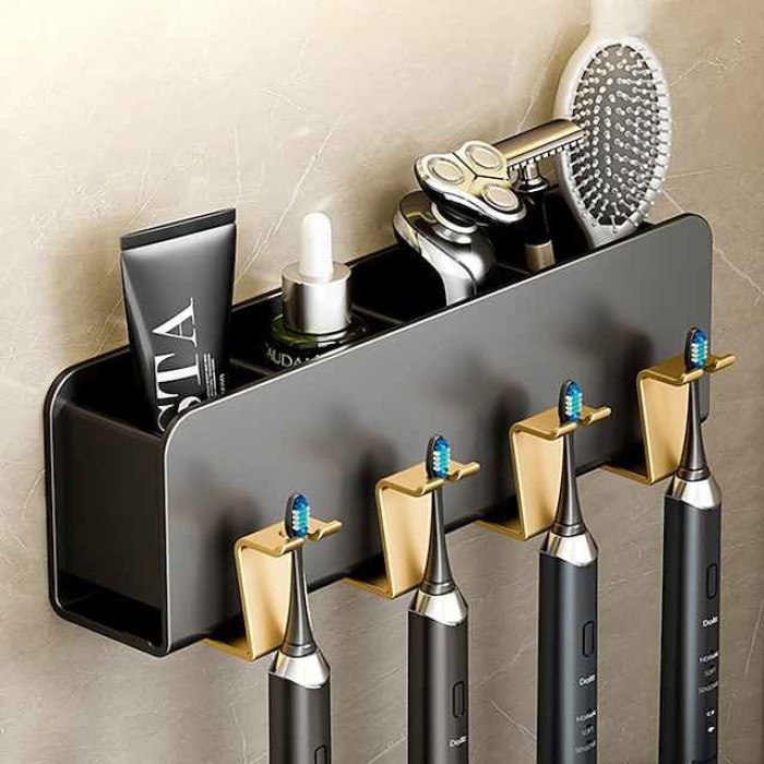 Black Gold Toothbrush Rack Bathroom Toilet Non Perforated Wall Mounted Electric Mouthwash Cup Brush Cup Wall Mounted Space Aluminum Storage Rack