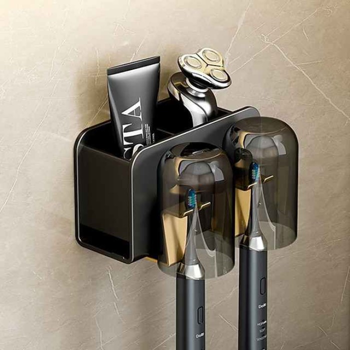 Black Gold Toothbrush Rack Bathroom Toilet Non Perforated Wall Mounted Electric Mouthwash Cup Brush Cup Wall Mounted Space Aluminum Storage Rack